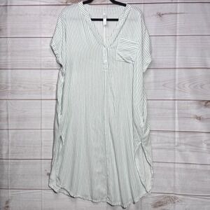 Cacique Sleep Womens Green White Striped Henley Nightgown Side Slit Size 14/16